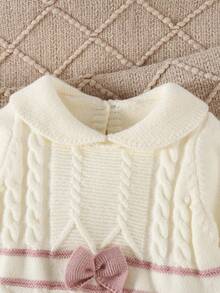 SHEIN Vintaside Kids Newborn Baby Sweater Jumpsuit, Long Sleeve Knitted Jumpsuit With Collar + Knitted Hat, Suitable For Autumn/Winter, Apricot Color, Versatile For Daily Wear, Twist Rope & Cable Design, Elegant & Cute, Suitable For Home, Outings, Travel, Daycare Baby Girl Knitted Outfits Newborn Girl Winter Sets New Born Neutral Outfit Newborn Bow Outfit Baby Girl Neutral Christmas Baby Preppy Clothes For Kids - Apricot - View 4