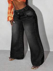 Slaydiva Plus Size Casual Washed Thermal Lined Wide Leg Jeans - Black - View 8