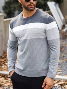 Manfinity Homme Plus Size Men Striped Crew Neck Long Sleeve Casual Sweater, Autumn/Winter - Grey - View 6