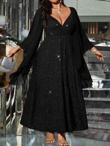 SHEIN Clasi 大码女式闪光心形领口喇叭袖优雅连衣裙 - 黑色 - 查看 1