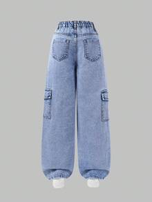 SHEIN Teen Girl Sweet & Cool Street Fashion Casual College Style Vacation Pink Heart & English Print Side Pockets Design Cargo Pants, Elastic Waist Wide Leg Jeans, Suitable For Home, Daily Wear, Dates, Shopping, Leisure Activities, Hangouts With Friends - Light Wash - View 2