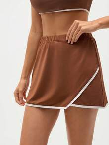 Eassivo Eassivo 撞色饰边弹性腰部交叉裹身夏季运动短裙和裙裤 - 棕色 - 查看 1