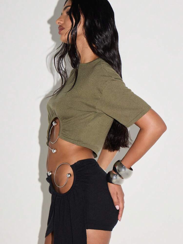 KIZN Ribbed Knit Crop Top With Metal Ring Detail