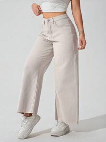 SHEIN ICON Quần jean ống đứng cạp chun viền tua rua cỡ lớn cho nữ, màu xám nhạt - Màu be - Xem 4