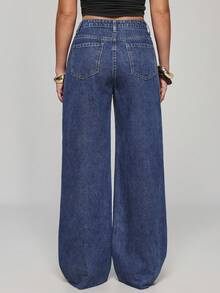 SHEIN PETITE Women's Asymmetric Waist Pocket Wide Leg Loose Casual Denim Pants ,Petite Women - Dark Wash - View 3