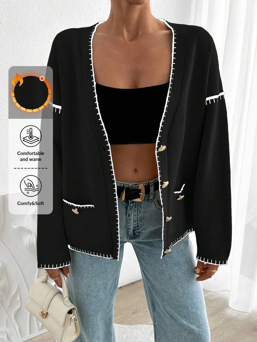 EURMUSE Women Solid Color Deep V-Neck Handmade Stitch Detailed Cardigan - Black - View 1