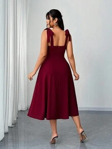 Elenzga Plus Size Women's Elegant Romantic Ruched A-Line Camisole Dress, Red, Spring/Autumn - Burgundy - View 3