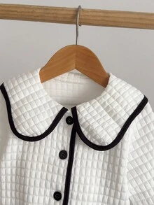 SHEIN 女婴休闲撞色装饰彼得潘领纽扣前襟夹克，秋季 - 米色 - 查看 3