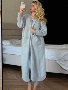 DAZY 女士宽松长款针织睡袍，简约设计，冬季睡衣，舒适保暖 - 淺灰色 - 查看 10