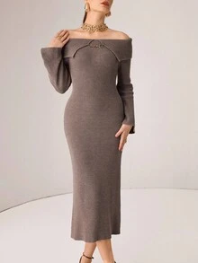 Modelyn 女式露肩金属环毛衣裙 - 摩卡棕 - 查看 5