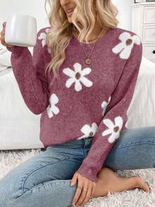 EMERY ROSE Women's Casual Fluffy Flower Pattern Round Neck Drop Shoulder Long Sleeve Knit Pullover Sweater, Autumn/Winter - Maroon - View 4