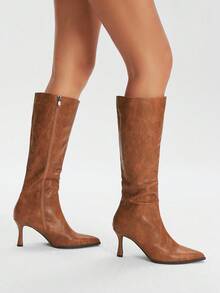 Styleloop Women's Suede Pointed Toe High Heel Elastic Boots, Non-Slip Soft Sole Slim Heel Mid-Calf Boots For Autumn/Winter - Brown - View 4