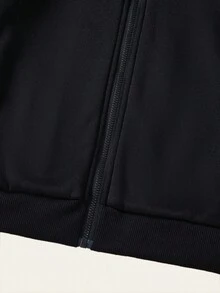 SHEIN Explorewe 1 件男童休闲条纹图案印花立领夹克，百搭运动风格 - 黑色 - 查看 6