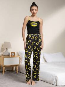 BATMAN X SHEIN Women's Summer Bat Print Trim Camisole Top And Pants Pajama Set Printed Pajama Set Tank Top Pajama Set Tank Top Pj Set One Piece Pajama For Women - Black - View 5