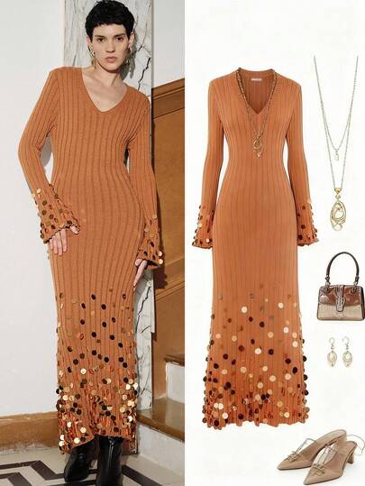  Uhlyne Women's Sequin & Beaded Design V-Neck Bodycon Maxi Dress With Flare Sleeves, Elegant For Christmas, Halloween, Wedding Guest, Party, Evening Wear