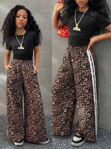 Coolane Kids Tween Girls Four Seasons, Daily Wear Athleisure,Black Solid Knit Crew Neck Short Sleeve Top And Leopard Print Wide Leg Pants Set,Basic 2pcs/Two Piece Comfortable ,Halloween,  Christmas - Multicolor - View 2