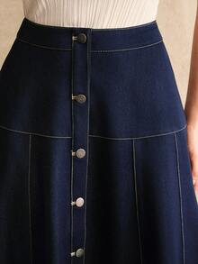 Anewsta Elegant Casual A-Line Denim Single-Breasted Skirt For Women - Blue - View 3