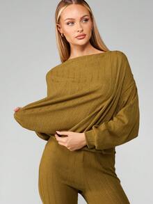 MISSGUIDED Oversized Ribbed Knit Cozy Fall Two Piece Set Long Sleeve Bardot Sweater Flared Pants Co-Ord Winter Lounge Outfit Relaxed Fit Comfort Wear Christmas - Green - View 6