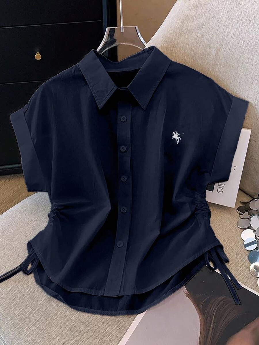 Airaco 女式骑士刺绣蝙蝠短袖侧抽绳设计休闲衬衫 - 藏蓝色 - 查看 1