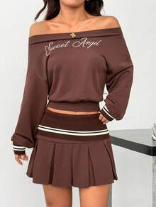INAWLY Women's Cold Shoulder Long Sleeve Top Skirt Set, Casual & Sporty, Dark Coffee Color - Coffee Brown - View 4