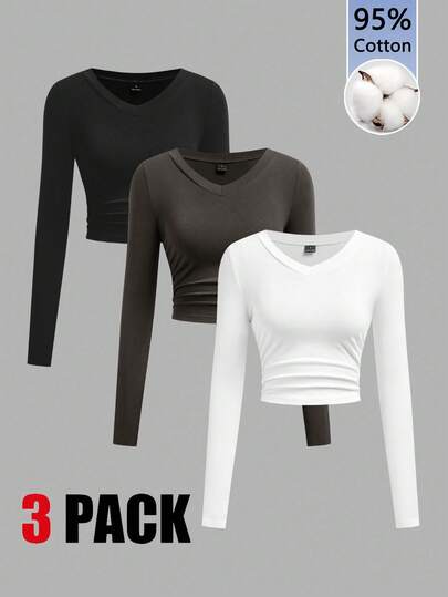 Tseoso 3 件装百搭黑、白、灰色 V 领褶皱腰长袖修身休闲 T 恤女上衣，95% 纯棉