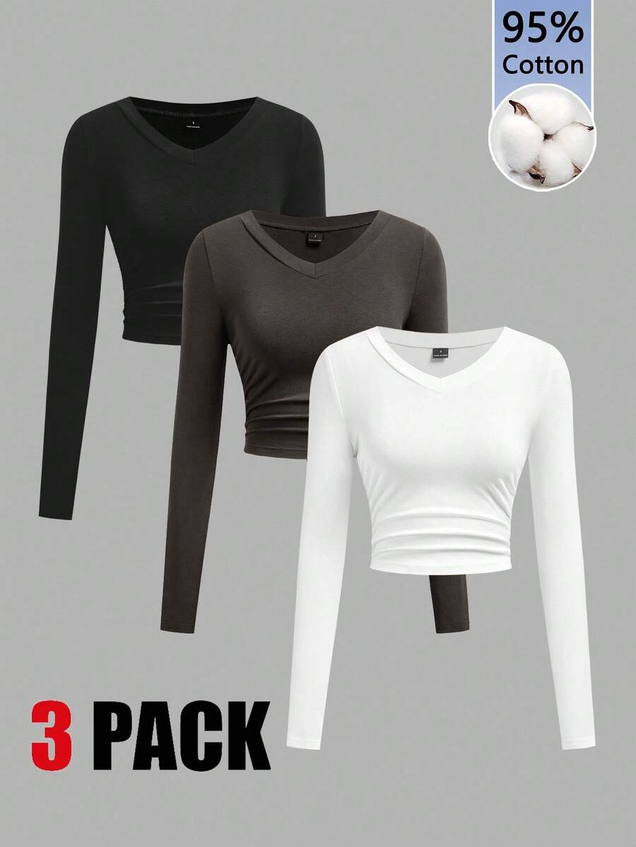 Tseoso 3 件装百搭黑、白、灰色 V 领褶皱腰长袖修身休闲 T 恤女上衣，95% 纯棉 - 彩色 - 查看 1