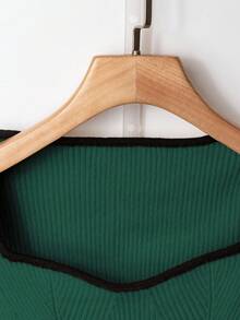 Franclia French Elegant Square Neck Stretchy Fitted Long Sleeve Knit Sweater, Contrast Trim, Suitable For Back To School Season, Apricot, Beige, Black, Cute Ruffle Hem Knit Top For Daily Wear, Autumn/Winter - Dark Green - View 4