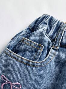 Mädchen Relaxed Fit Gerade Bein Jeans mit süßer rosa Schleife Stickerei, 5-Taschen Allround Design, Lässig, Komfortabel, Modisch für Frühling/Herbst - Mittele Waschung - Übersicht 7