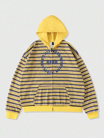 Street Life Herren Herbst Buchstaben Gestreift Langarm Reißverschluss Kragen Tasche Hoodie, Loose Fit