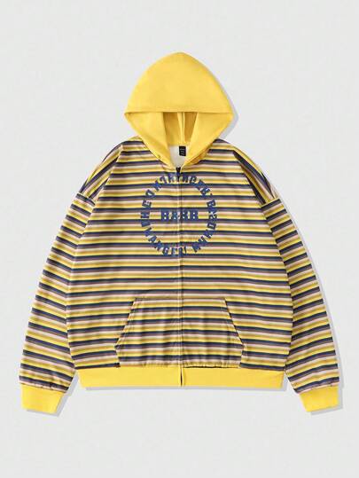 Street Life Sudadera con capucha de manga larga con cremallera, bolsillo y rayas de letras para hombre, corte holgado, para otoño