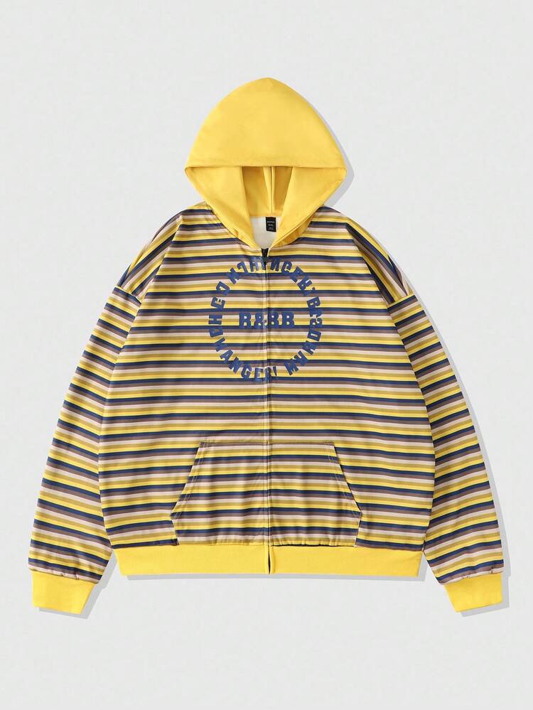 ROMWE MEN Street Life Men's Autumn Letter Striped Long Sleeve Zip Collar Pocket Hoodie, Loose Fit - Multicolor - View 1