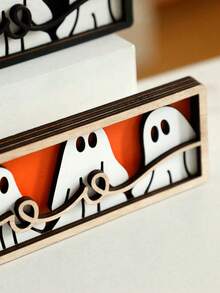 1Pc Halloween Ghost Boo Wooden Table Sign – Cute Black And White Ghost Figurine, Rustic Halloween Desktop Decor, Spooky Tiered Tray Decoration For Home, Office, Party - Multicolor - View 5