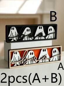 1Pc Halloween Ghost Boo Wooden Table Sign – Cute Black And White Ghost Figurine, Rustic Halloween Desktop Decor, Spooky Tiered Tray Decoration For Home, Office, Party - Multicolor - View 8