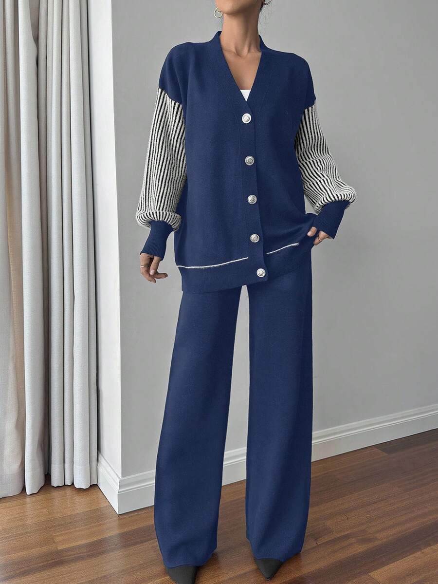 EURMUSE Casual Colorblock Striped Patchwork Cardigan And Knit Pants Set, Autumn/Winter - Navy Blue - View 1