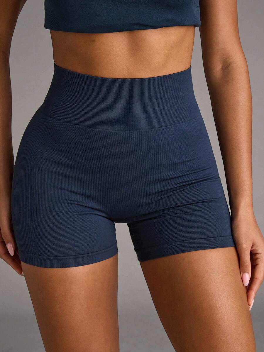 SHEIN BAE Seamless High Stretch Wide Waistband Sports Shorts Legging Shorts Blue ShortsWomen Sweat Short, Gym Short, Biker Short - Navy Blue - View 1