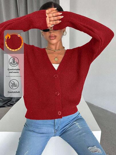 Women's Solid Color V-Neck Single-Breasted Long Sleeve Casual Knit Cardigan,Petite Cardigans,Cardigans