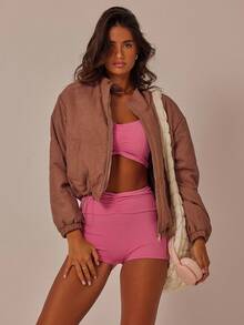 Aralina Leisurewear Summer Yellow Ruche Front Bike Short Ruffle Top Two Pieces Set - Rose Red - View 5