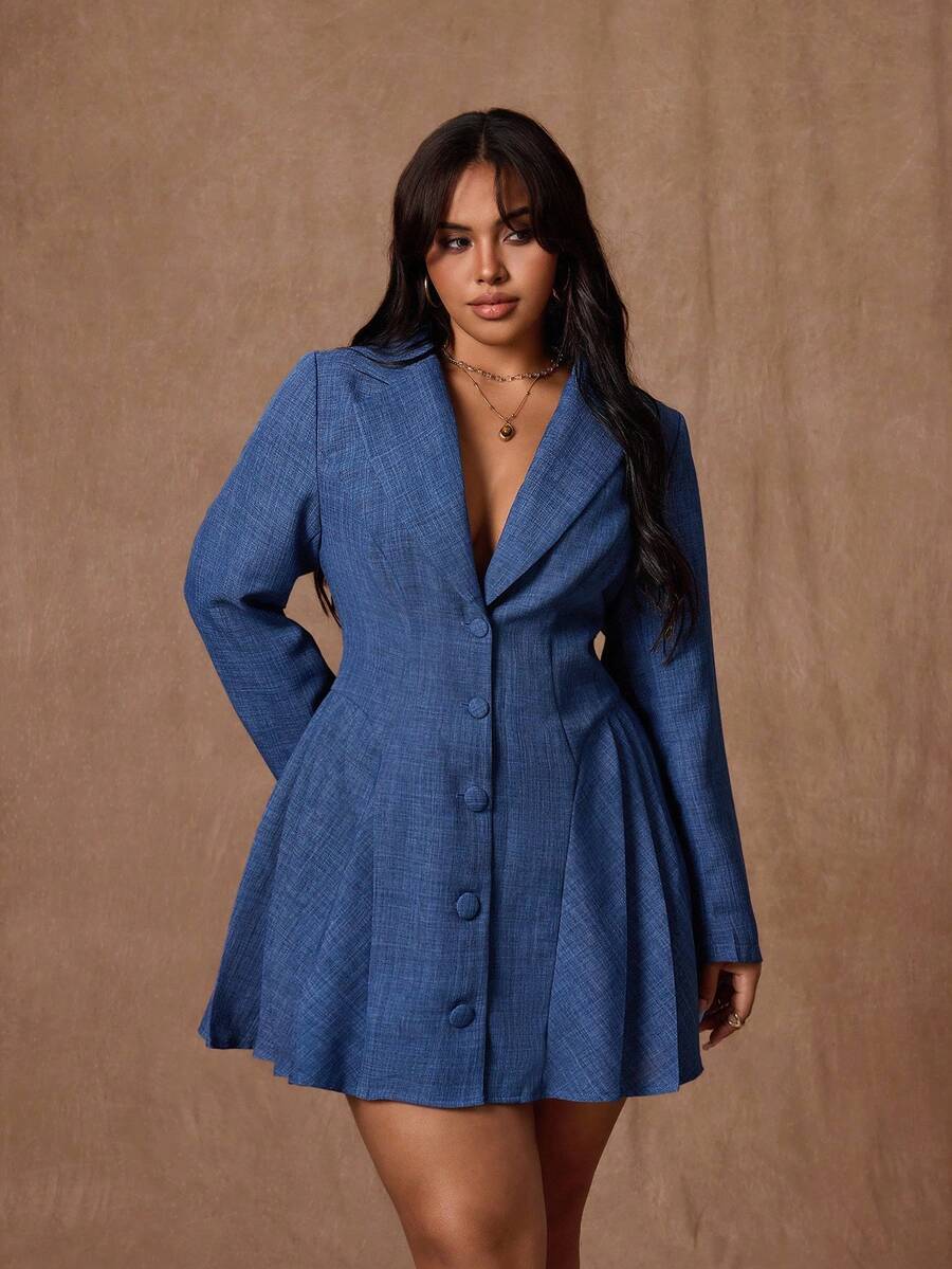 Rustia Robe décontractée élégante vintage à manches longues avec col et plissée, effet denim, pour femmes grandes tailles, bleu