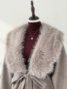 Auralis Plus Size Solid Color Faux Fur Patchwork Long Sleeve Overcoat, Autumn/Winter