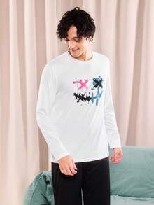 Notgurli Men's Loose Casual Long Sleeve T-Shirt With Cartoon Graphic Design, Fashionable Sleepwear Top Suitable For Loungewear, For Fall - White - View 4