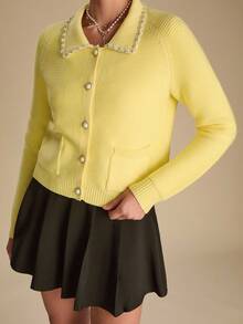 Enchnt 女士优雅通勤珠饰亮片开衫 - 黃色 - 查看 5