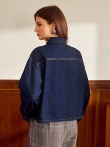 Vintamour Women's Fall/Winter Knotted Collar Drop Shoulder Long Sleeve Single-Breasted Casual Denim Blouse,Casual Chic Long Sleeve Denim Blouse For Women Featuring A Bow Collar And Unique Button Accents