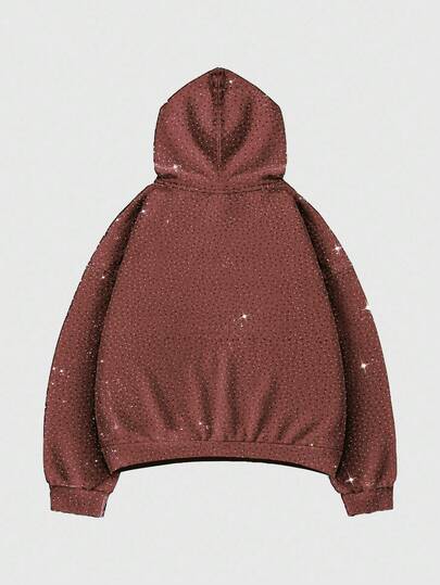 Street Life Men Rhinestone Loose Short Hoodie, Streetwear, Fall