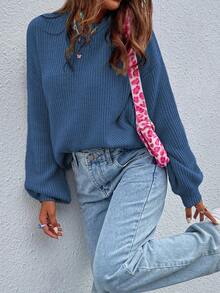 EMERY ROSE Solid Color Crew Neck Casual Versatile Long Sleeve Pullover Sweater - Navy Blue - View 6