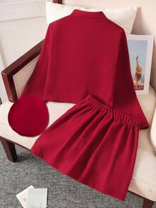 Emery Rose Kids Emery Rose Kids 少女优雅休闲通勤上学翻领纽扣短款外套及配套A字迷你裙套装，酒红色，适合圣诞节、新年及日常穿着 - 酒紅色 - 查看 3