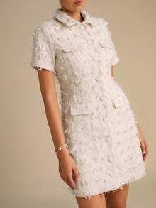 Enchnt Off-White Elegant Women's Single-Breasted Tweed Short Dress,Autumn Fringe Short Sleeve Fashionable Outfits,Chic For Date&Tea Party&Commuting - Beige - View 7
