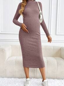 SHEIN 孕妇纯色立领长袖罗纹修身休闲连衣裙，秋季 - 粉色 - 查看 4