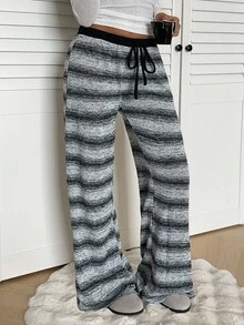 Aloruh Women's Vintage Striped Knit Low Waist Wide Leg Pants, Autumn/Winter - Black and White - View 7