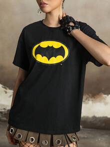BATMAN X SHEIN 女式休闲蝙蝠印花圆领短袖T恤，夏季 - 黑色 - 查看 5