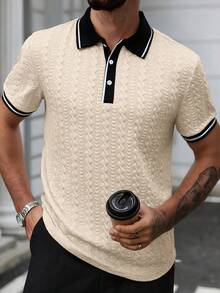 Manfinity CasualCool Men's Casual Colorblock Short Sleeve Polo Shirt, Summer Men Polo Shirt Cream Top Men College Style Pattern Polo Men Men Buttoned Knitted Polo Knitted Men Shirt Christmas Daily Leisure, Weekend Trips, Outdoor Activities, Travel Expeditions, Relaxed Work Environments Or Semi-Formal Occasions,Boyfriend/Husband Gift, Anniversary Gift